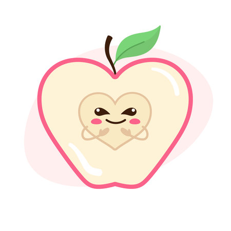 Half of a heart-shaped apple with a heart-shaped core, apple cut with a smiling center. Cute fruit character. Simple vector illustration.のイラスト素材