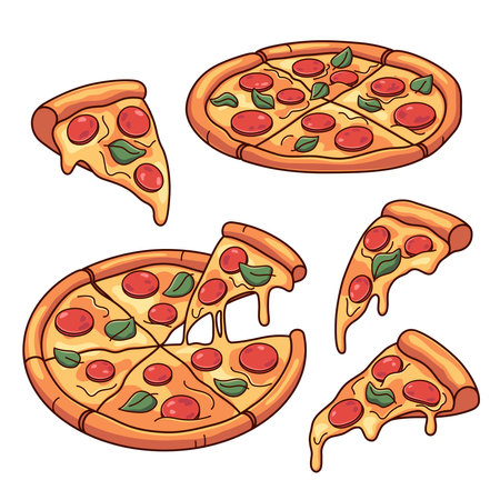 Pizza, pizza slices illustrations, set of cartoon style doodle drawingsのイラスト素材