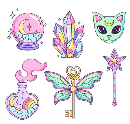 Magic, witchcraft, mystical, astrological, esoteric objects, icons, elements and symbols. Set of cartoon style vector illustrations.のイラスト素材