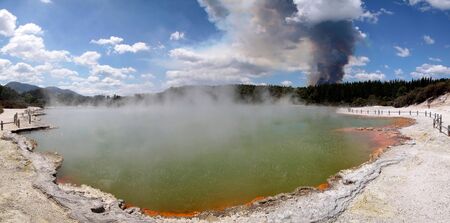 Forest fire in the Wai-o-Tapu geothermal area in Rotorua, North Island, New Zealand