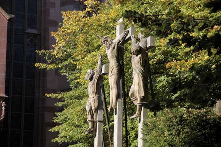 Crucifixion group next to the church of St. Valentinus in Kiedrich, Rheingau, Hesse, Germanyの写真素材