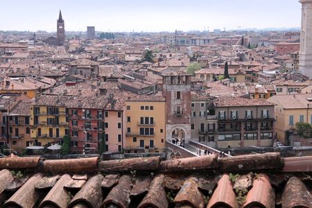 Overlooking the old town of Verona seen from the hill of San Pietro, Veneto, Italyの写真素材