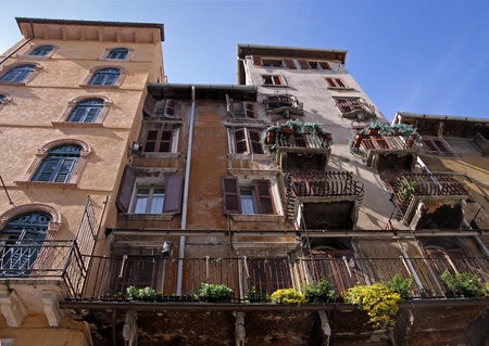 Old town houses at the Piazza delle Erbe in Verona, Veneto, Italyのeditorial素材