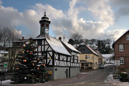 Old City Hall of Engenhahn in the Taunus with Christmas treeのeditorial素材