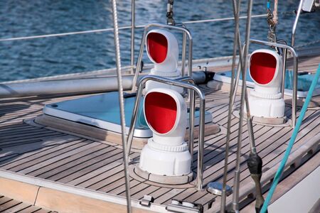 Deck of a sailing boat in the harbor of Svaneke on Bornholm, Denmarkの写真素材