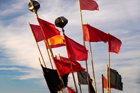 Colorful flags of a fishing boat in the harbor of Listed on Bornholm, Denmarkの写真素材