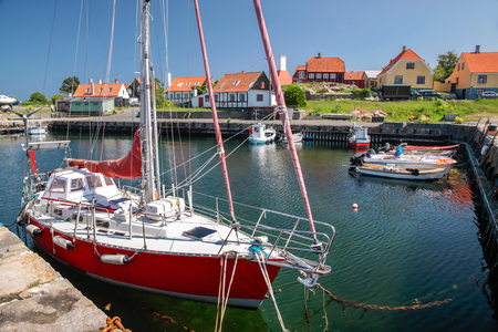 Small harbor in Gudhjem on Bornholm, Denmarkの写真素材