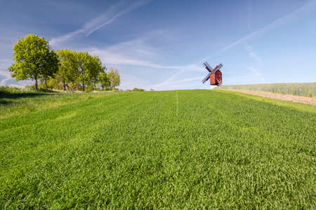 Traebene Mill Windmill with green fields in the village of Melsted, Bornholm, Denmarkの写真素材