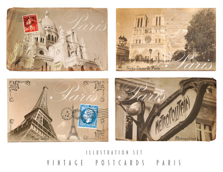 Set with four self designed Postcards of Paris in vintage styleのeditorial素材