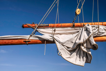 Masts and sails of a tall sailing ship in Amaliehaven, Copenhagen, Denmarkの写真素材