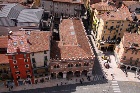 Historic Houses at the Piazza delle Erbe seen from the Torre dei Lamberti, Verona, Veneto, Italyのeditorial素材