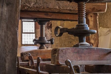 Old wine press on a vineyard in  the Rheingau, Hesse, Germanyの写真素材