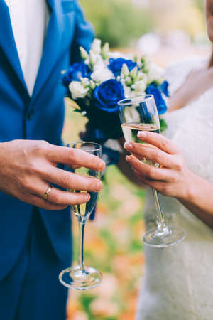 Newlyweds clinking glassesの写真素材