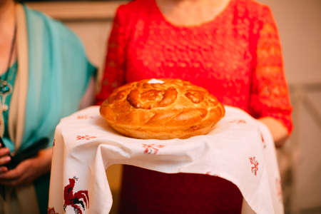 russian loaf, Wedding loaf of bread inscription advice and loveの写真素材