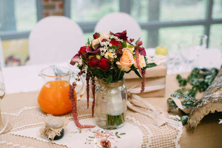 Beautiful wedding table with wedding decor. Birch. In bossage styleの写真素材