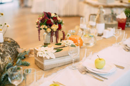 Beautiful wedding table with wedding decor. Birch. In bossage styleの写真素材