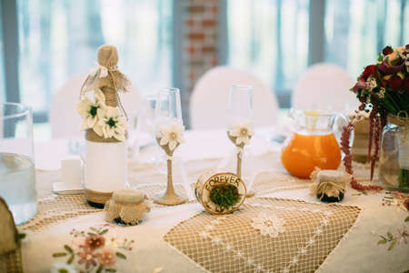 Beautiful wedding table with wedding decor. Birch. In bossage styleの写真素材