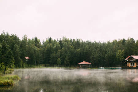 A Forest lake in the morning fogの写真素材