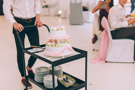 Wedding ceremony. Bride and groom cutting cake.の写真素材