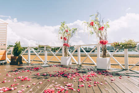 Beautiful wedding arch on the beachの写真素材