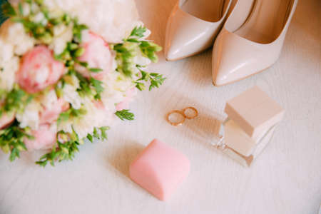 Wedding accessories. Bouquet and accessories of bride. Wedding detailsの写真素材