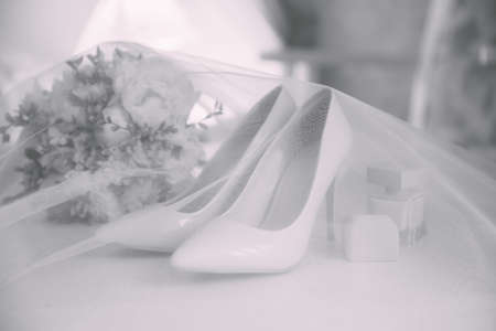 Wedding accessories. Bouquet and accessories of bride. Wedding detailsの写真素材