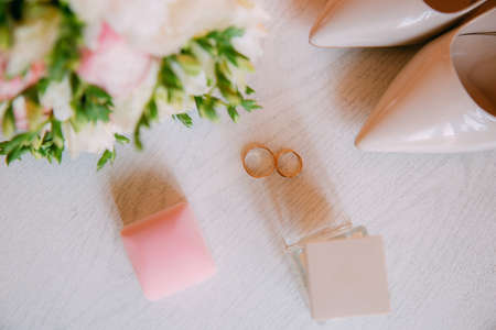 Wedding accessories. Bouquet and accessories of bride. Wedding detailsの写真素材