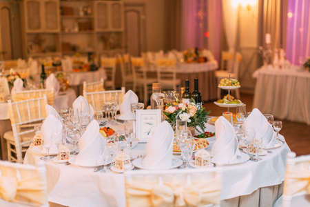 table set for wedding or another catered event dinnerの写真素材