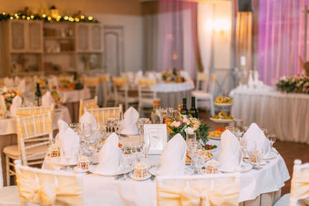 table set for wedding or another catered event dinnerの写真素材