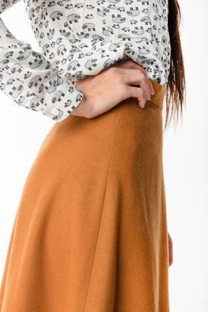 Fragment of clothes. Detail dress skirt on a model on a white backgroundの写真素材