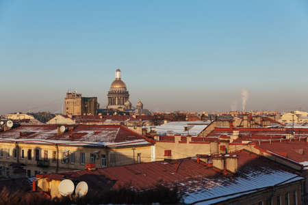 Cityscape of Saint Petersburg with St Isaac's cathedral on a horizonの写真素材