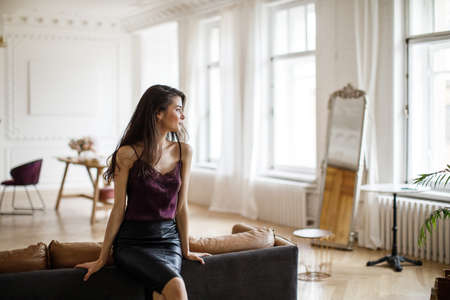 Brunette girl in a blouse and a leather skirt at home in the interiorの写真素材