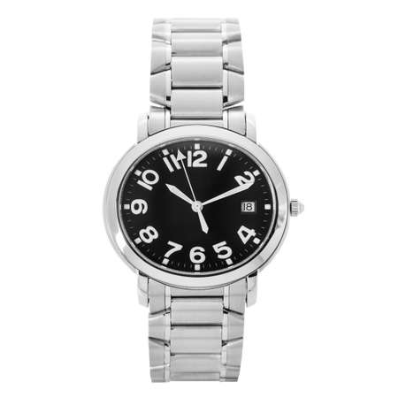Classic oval silver watch with a black dial with a calendar and a steel strap, front view isolated on white backgroundの写真素材