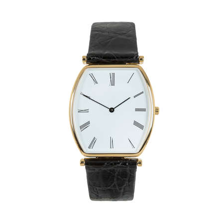 Luxury classic gold watch with a white dial and Roman numerals and a black leather strap, front view isolated on white backgroundの写真素材