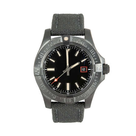 Luxury steel watch with black fabric strap, front view, isolated on white backgroundの写真素材