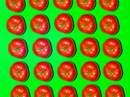 Colorful pattern of fresh tomato on a green background. Top viewの写真素材