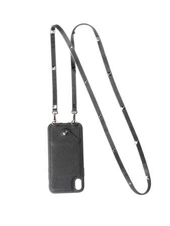 Black leather case for phone isolated on white backgroundの写真素材