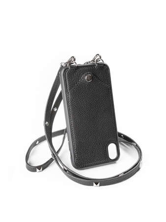 Black leather case for phone isolated on white backgroundの写真素材