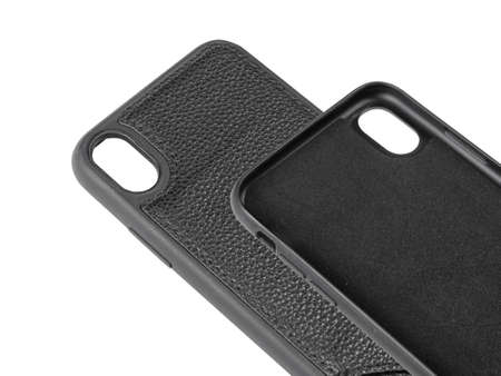 Black leather case for phone isolated on white backgroundの写真素材