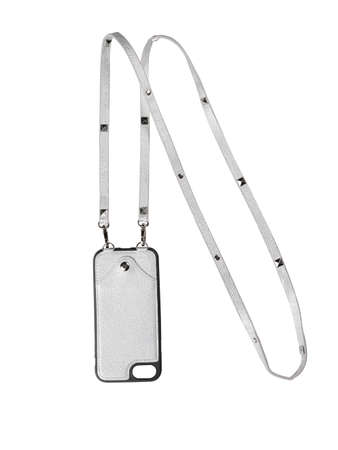 Silver leather case for phone isolated on white backgroundの写真素材