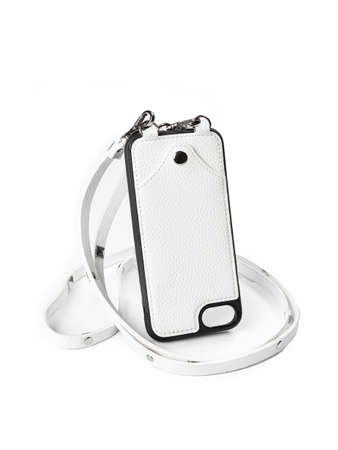 White leather case for phone isolated on white backgroundの写真素材
