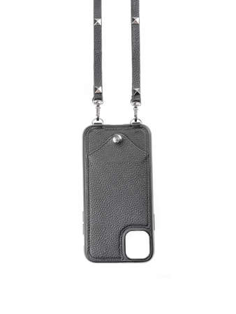 Black leather case for phone isolated on white backgroundの写真素材