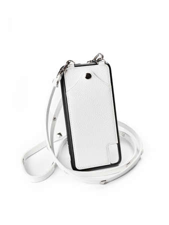 White leather case for phone isolated on white backgroundの写真素材