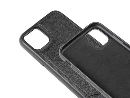 Black leather case for phone isolated on white backgroundの写真素材