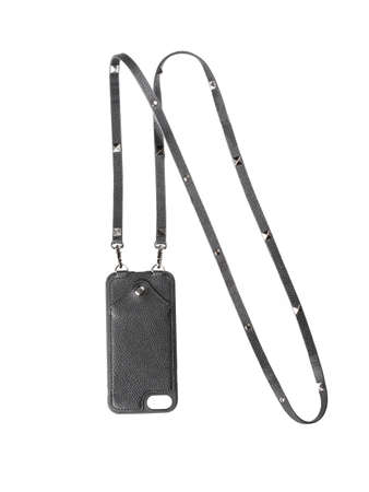 Black leather case for phone isolated on white backgroundの写真素材