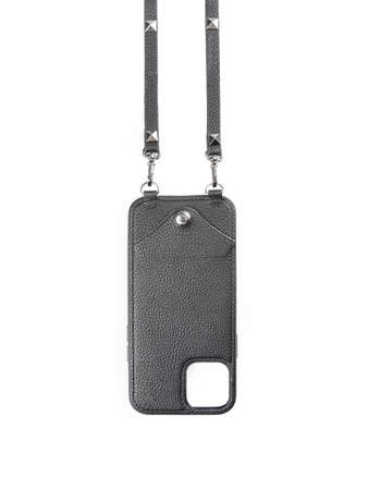 Black leather case for phone isolated on white backgroundの写真素材