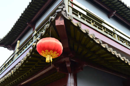 Red lantern on the ancient buildingの写真素材