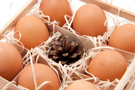 brown organic eggs in a box on straw