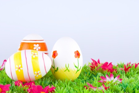 colorful painted easter eggs located on a green meadow with flowers