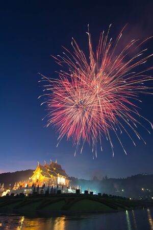 Horkumluang and big firework in Chiang Mai Province Thailandの写真素材